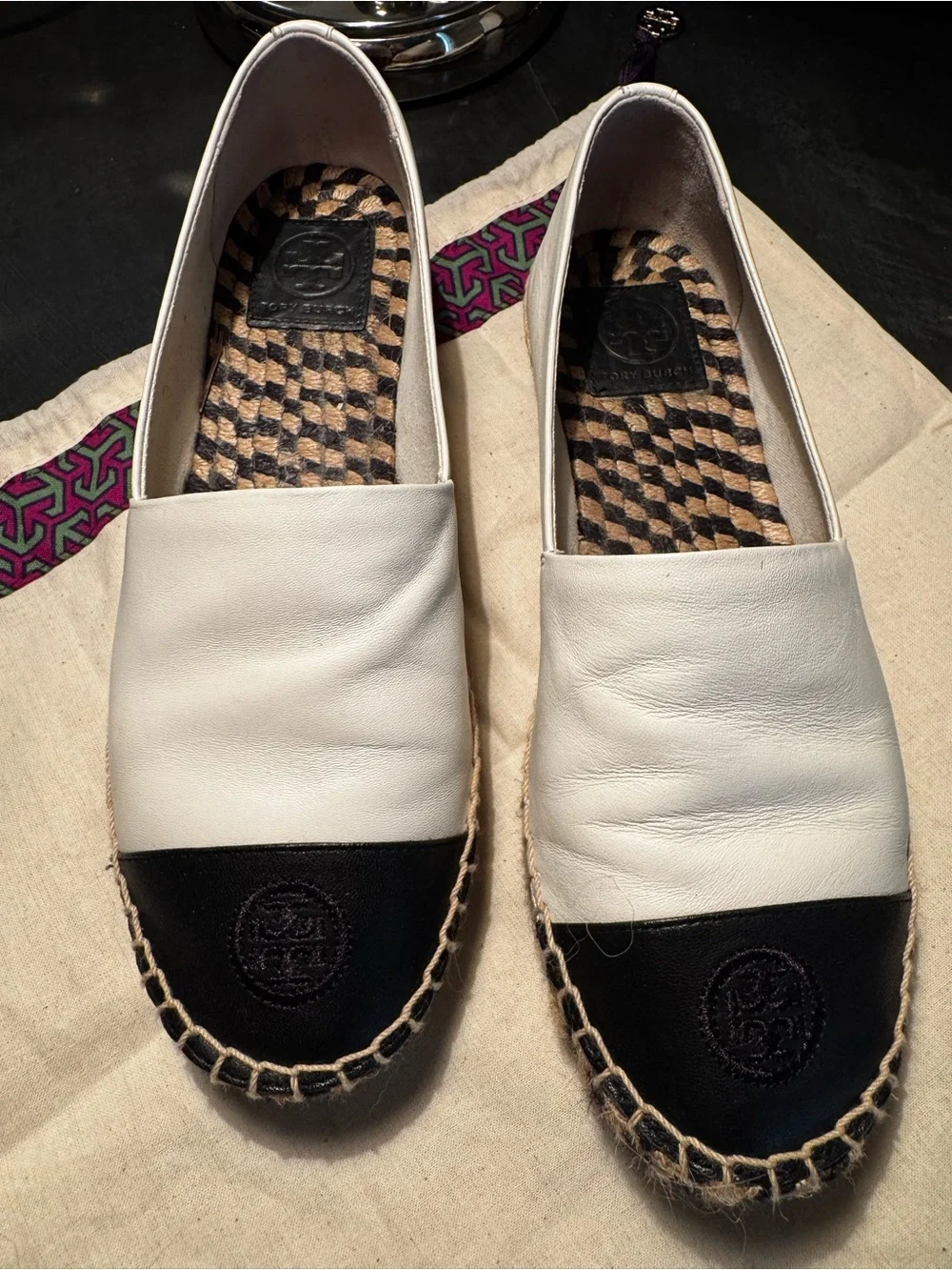 Tory Burch Two-Tone Creme and Black Leather Espadrille Flats